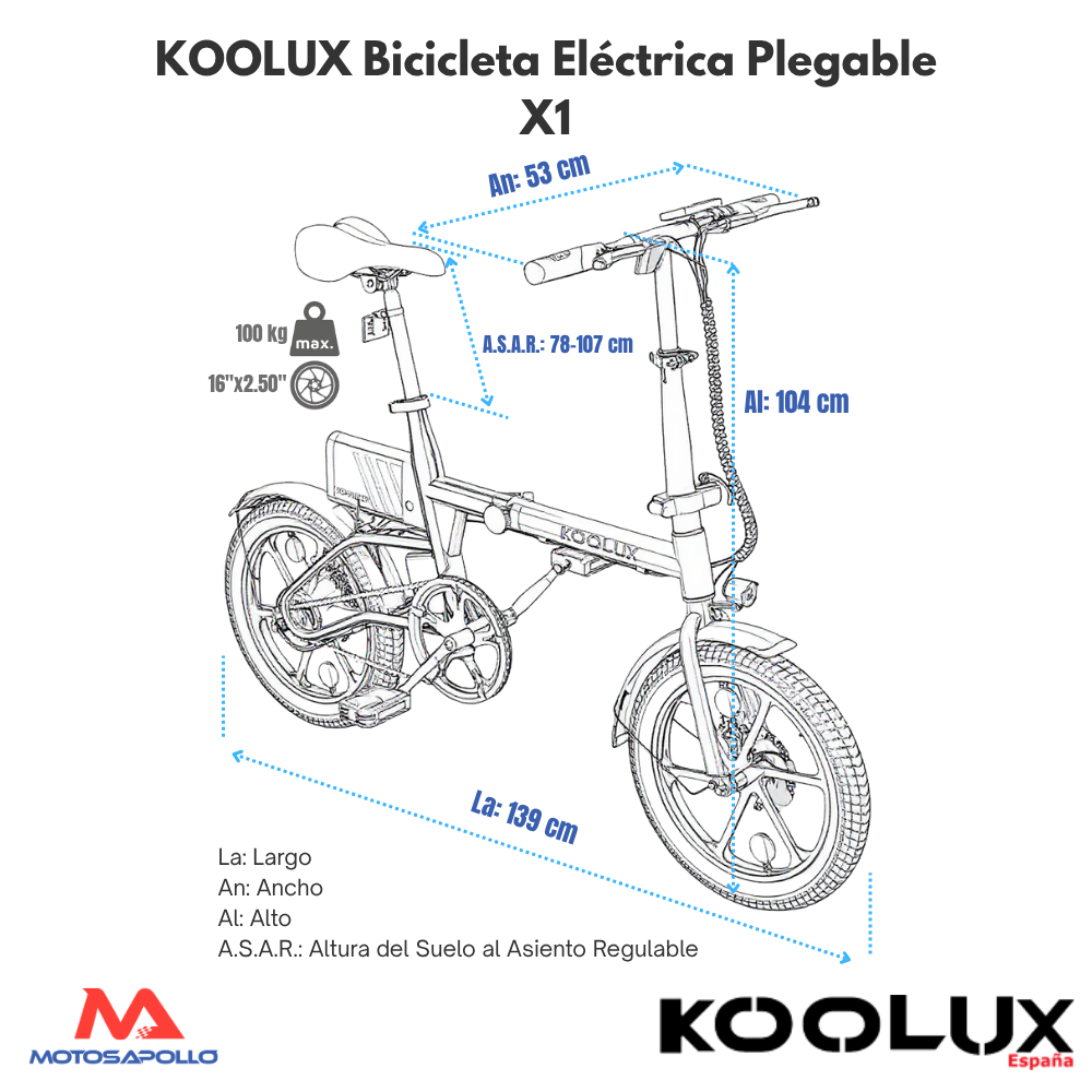 medidas Bicicleta eléctrica KOOLUX X1 36V 6AH