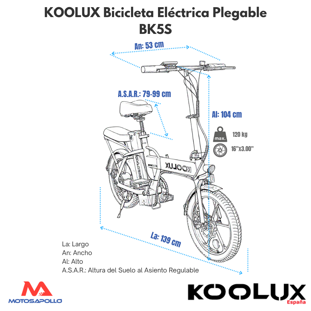 medidas Bicicleta eléctrica plegable KOOLUX BK5S 250W 36V 10.4Ah