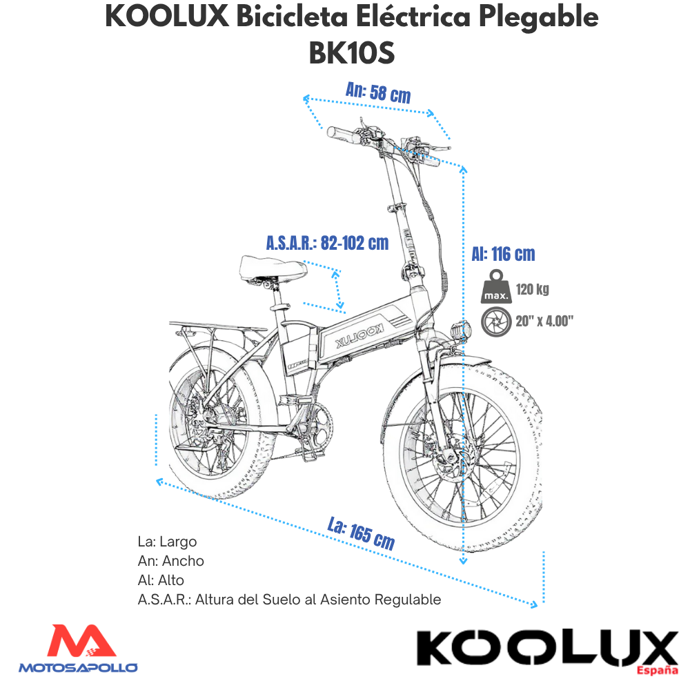 medidas Bicicleta eléctrica KOOLUX BK10S 250W 48V 13AH