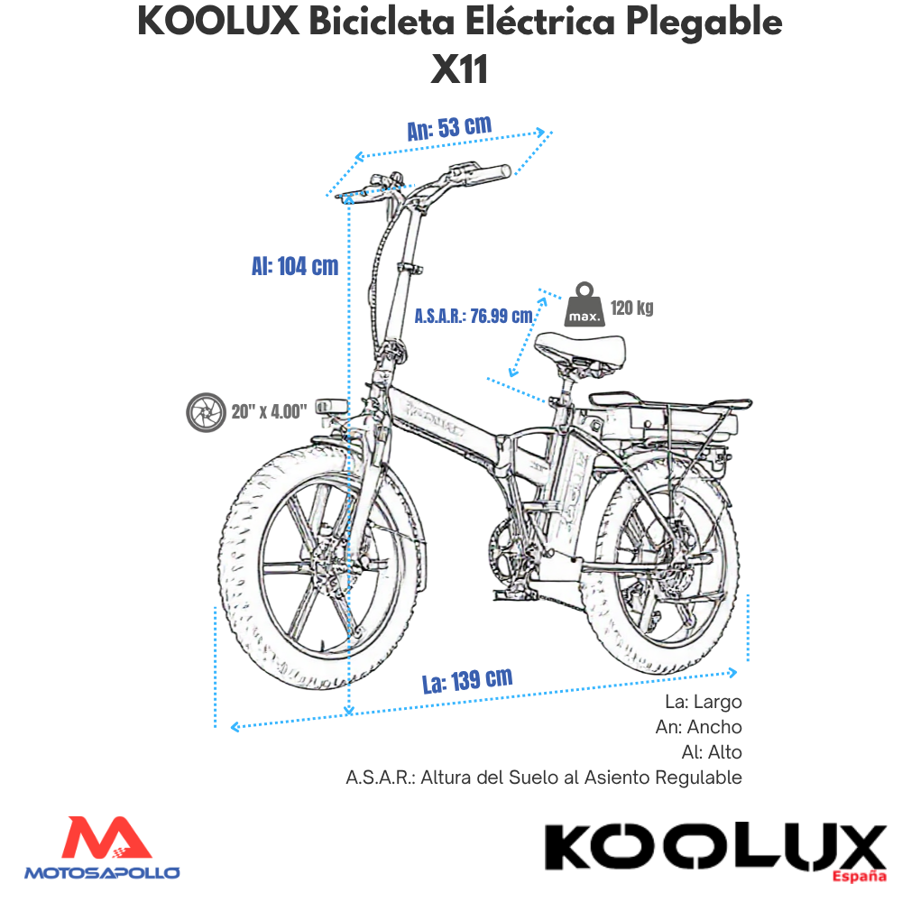 medidas Bicicleta Eléctrica Koolux X11 250w Dos baterías 48v