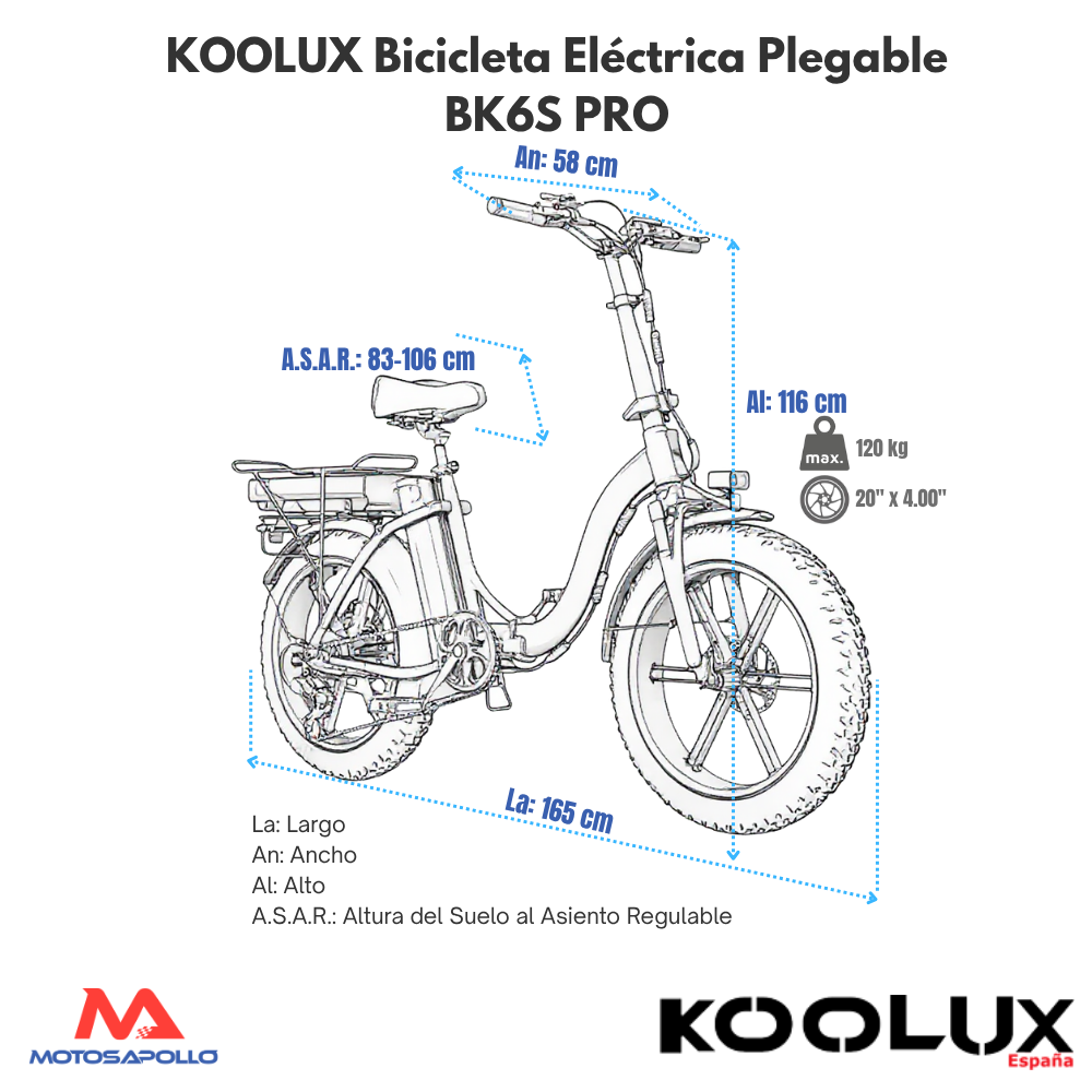 medidas Bicicleta eléctrica Koolux BK6S PRO 250W 2 BATERÍAS 48V 11,7Ah