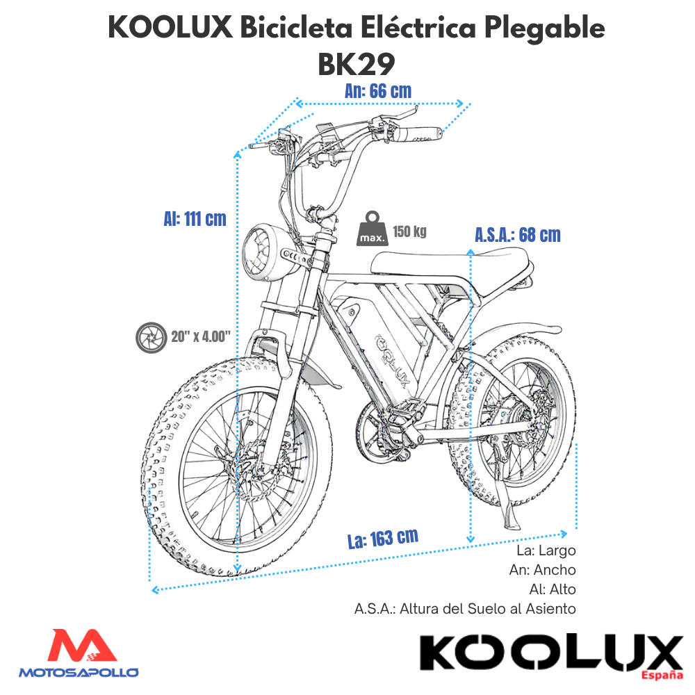 medidas Bicicleta Eléctrica Koolux BK29 250W 48V/15Ah 20