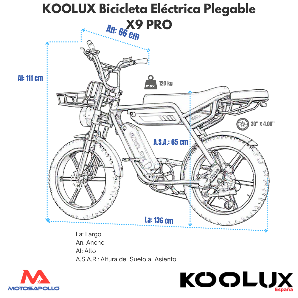 medidas Bicicleta eléctrica Koolux X9 PRO 250W Dos Baterías