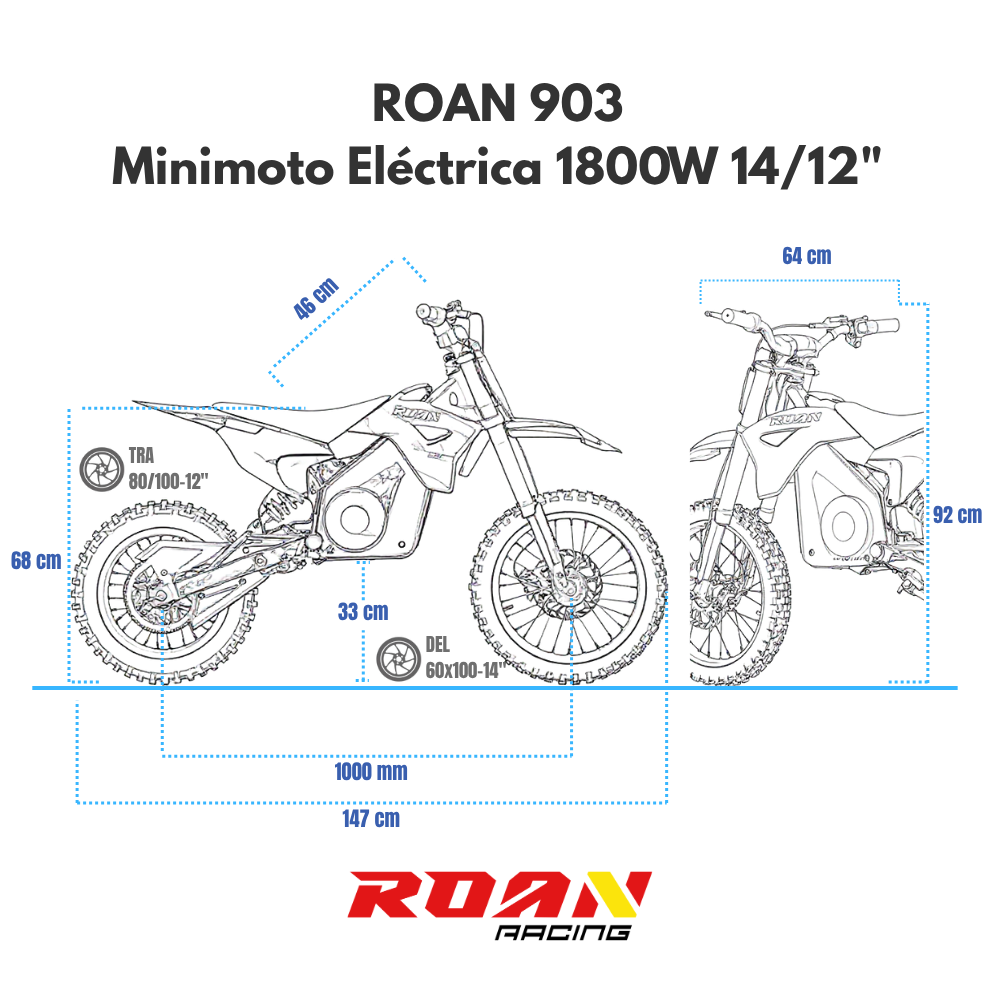medidas Pit bike eléctrica 1800W Roan 903