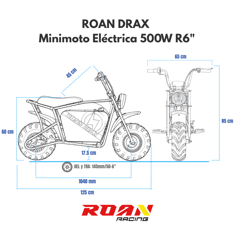 medidas Minicross eléctrica 500W Roan Drax 48V