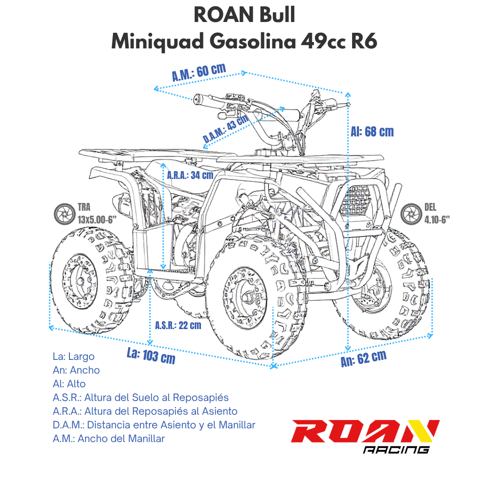 medidas Mini quad Roan Bull 49cc tipo ATV para niños