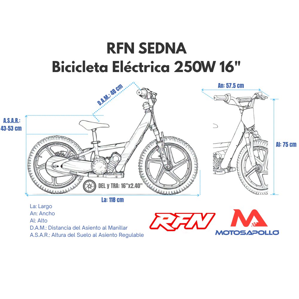 medidas Bicicleta eléctrica niño 250W 16